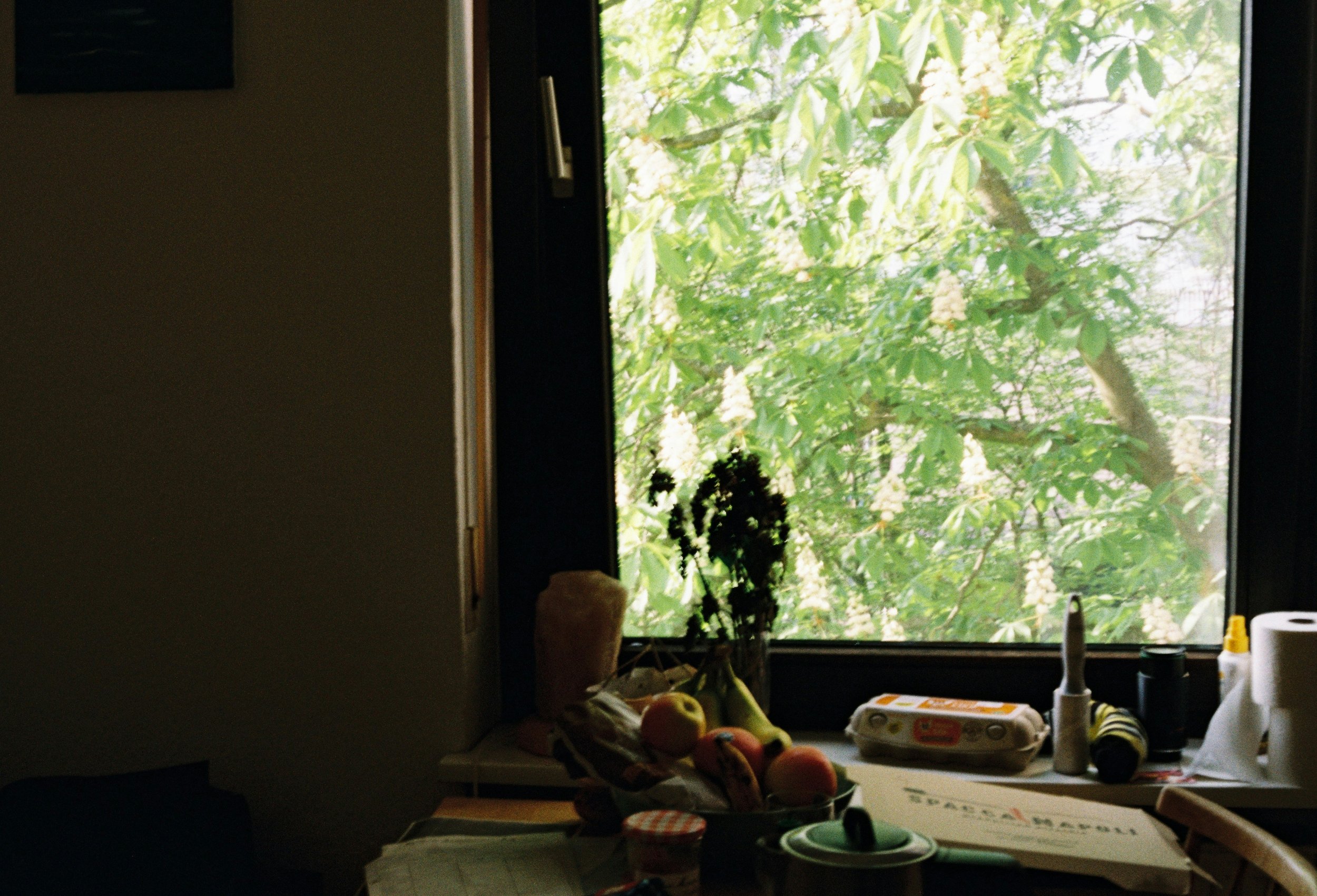 Une table à proximité d'une fenêtre avec vue sur un arbre en fleurs, des fruits, un œuf en carton, du papier toilette, une lanterne, un savon et d'autres objets