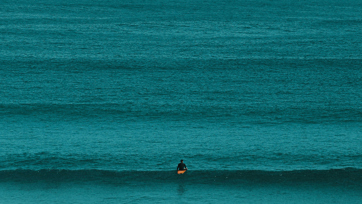 Surfeur dans la mer à marée basse, vue de face, portant une combinaison de surf, mer calme et horizon en arrière-plan.