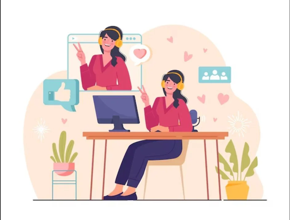 Illustration of a woman sitting at a desk, with a computer monitor, engaging in a video call with herself, making peace signs with both hands, surrounded by social media icons like thumbs up, hearts, and group icons.