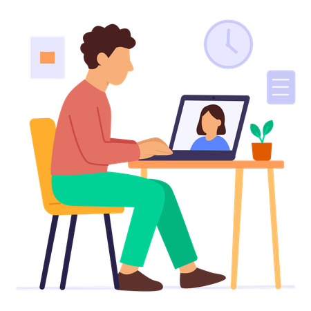 Person participating in a video call on a laptop, sitting at a desk with a clock and plant in a bright room.