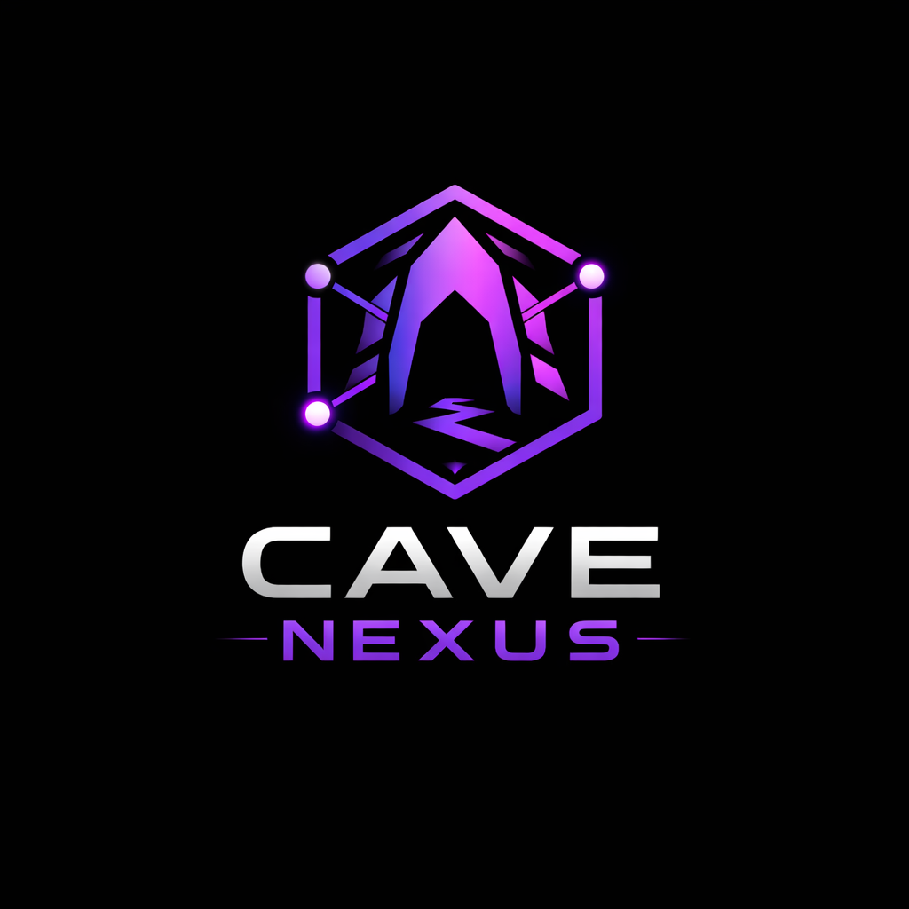 A digital logo for Cave Nexus featuring a purple and black geometric cave entrance with interconnected lines and nodes, and the words "CAVE NEXUS" beneath in metallic silver and purple text.