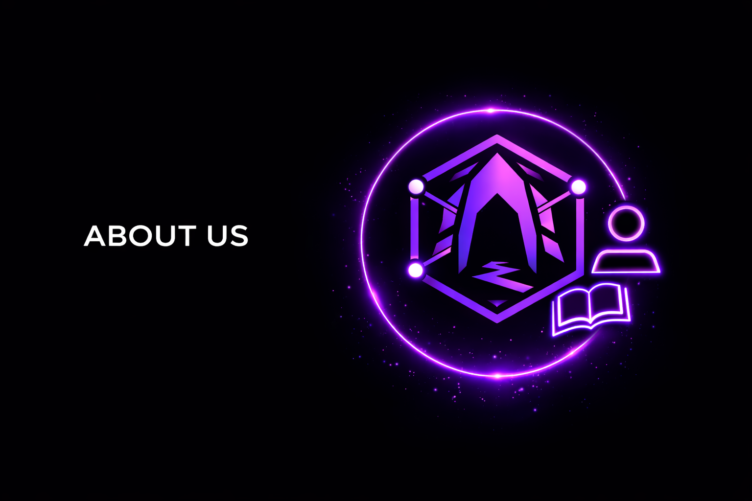 Neon-style purple and blue geometric design with a hexagon, a mountain path, and icons of a person, an open book, and connected dots, with the text 'ABOUT US' on the left side.