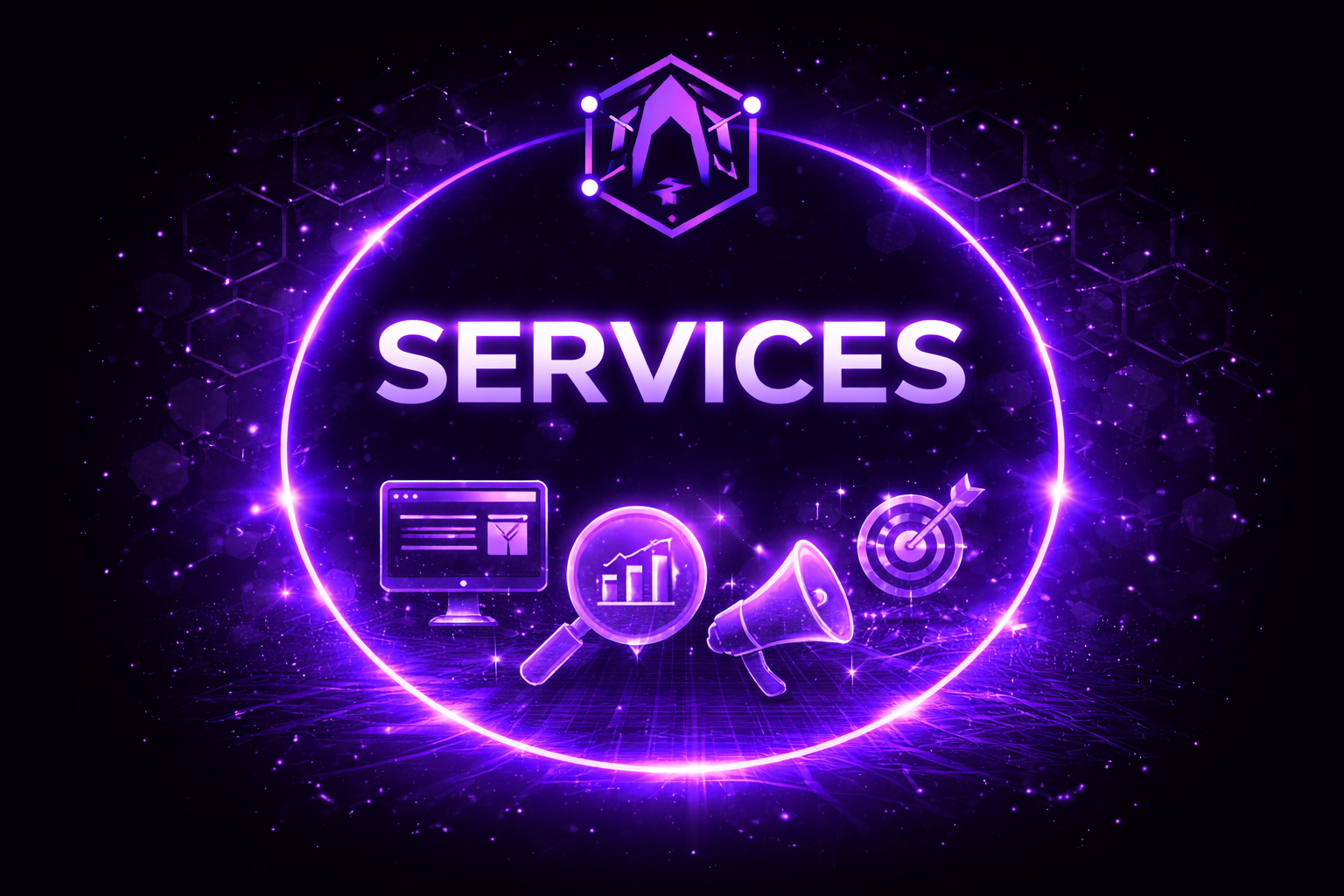 Futuristic digital graphic with the word 'SERVICES' in the center, surrounded by icons including a computer monitor, magnifying glass with a graph, megaphone, and target, all in glowing purple neon style.