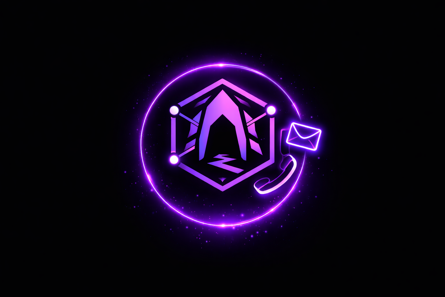 A neon purple outline of a telephone and an envelope icon, surrounded by a neon hexagon and a glowing circle, against a black background.