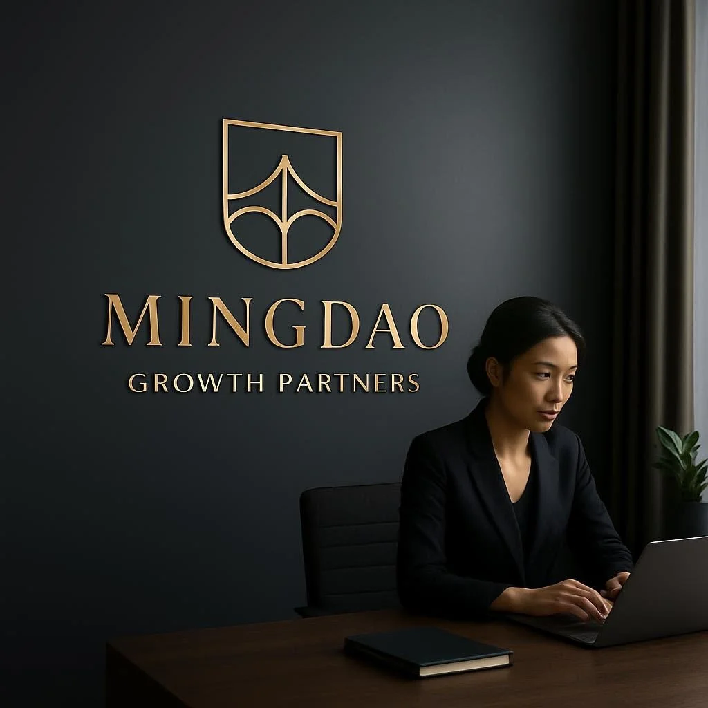 A woman in a black blazer working on a laptop at a desk in an office with a dark gray wall featuring the Mingdao Growth Partners logo and a potted plant by the window.