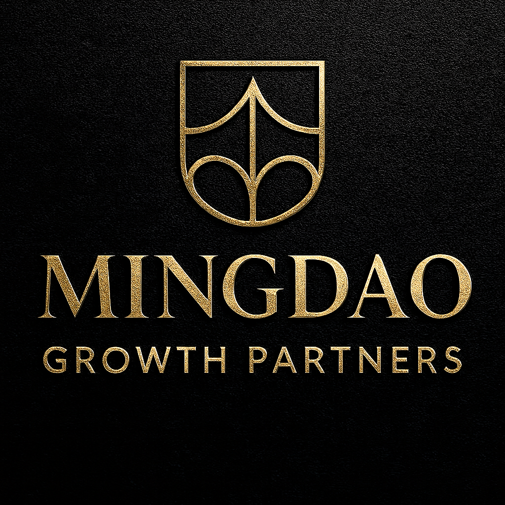 Gold logo with a shield and stylized leaf design, and the text "MINGDAO GROWTH PARTNERS" on a black background.