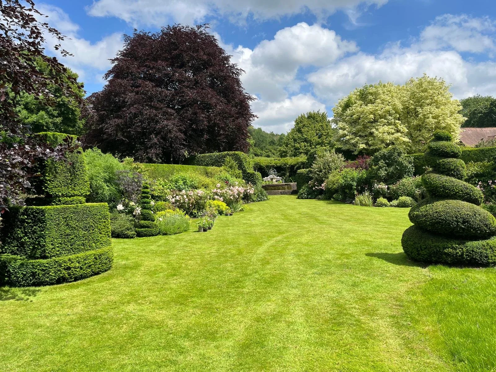 A lush garden with neatly manicured grass, various shaped bushes, and tall trees under a partly cloudy sky.