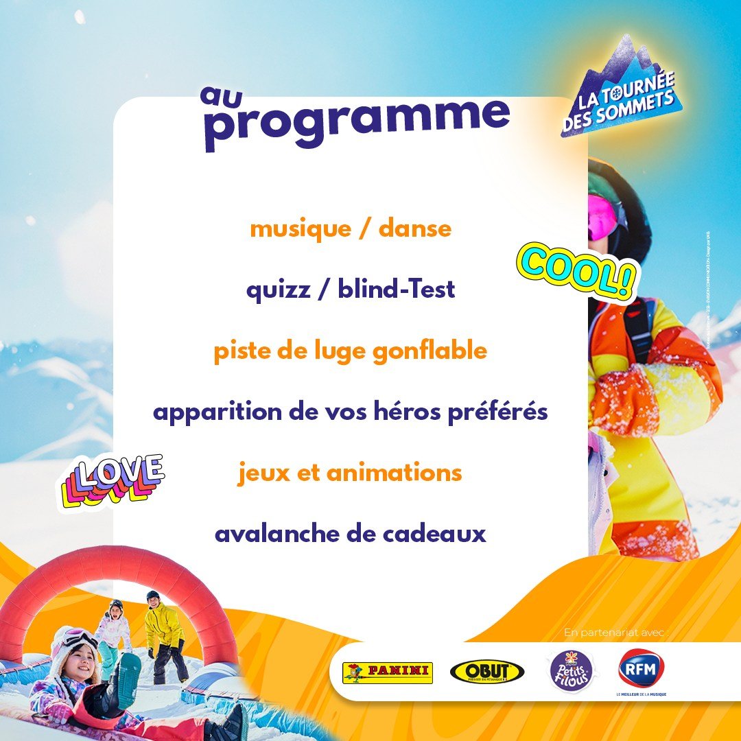 🎉 La Tourn&eacute;e des Sommets, c&rsquo;est bien plus que du ski ! 🏔️

Au programme sur chaque &eacute;tape ⤵️
🛷 Des jeux pour petits et grands
❄️ Des descentes endiabl&eacute;es sur le Toboluge
💃 Ambiance garantie en dansant sur la playlist RFM