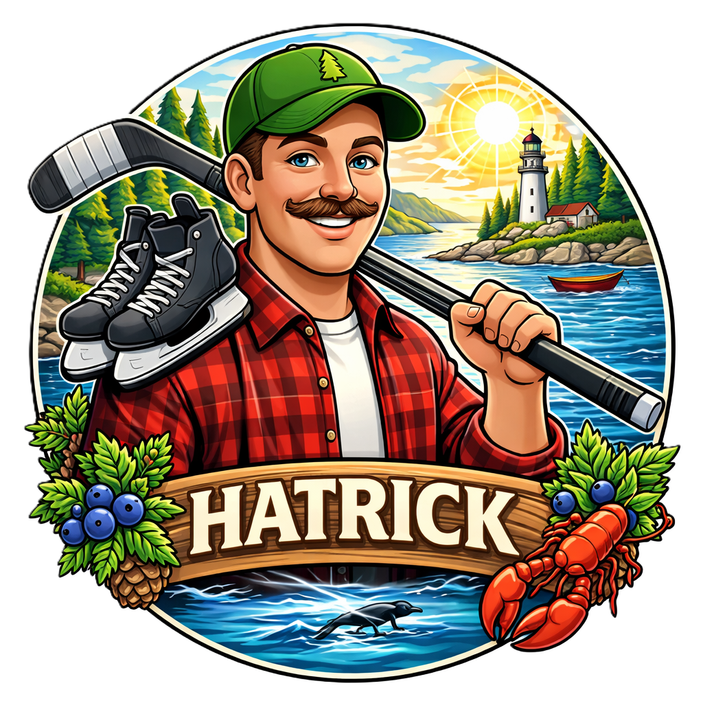 Illustration of a man with a mustache, wearing a green cap and a red plaid shirt, holding a hockey stick with ice skates draped over his shoulder, in front of a scenic lakeside background with a lighthouse, boat, forests, and sunrise. The name 'HATRICK' is displayed at the bottom surrounded by blueberries, a pinecone, and a lobster.