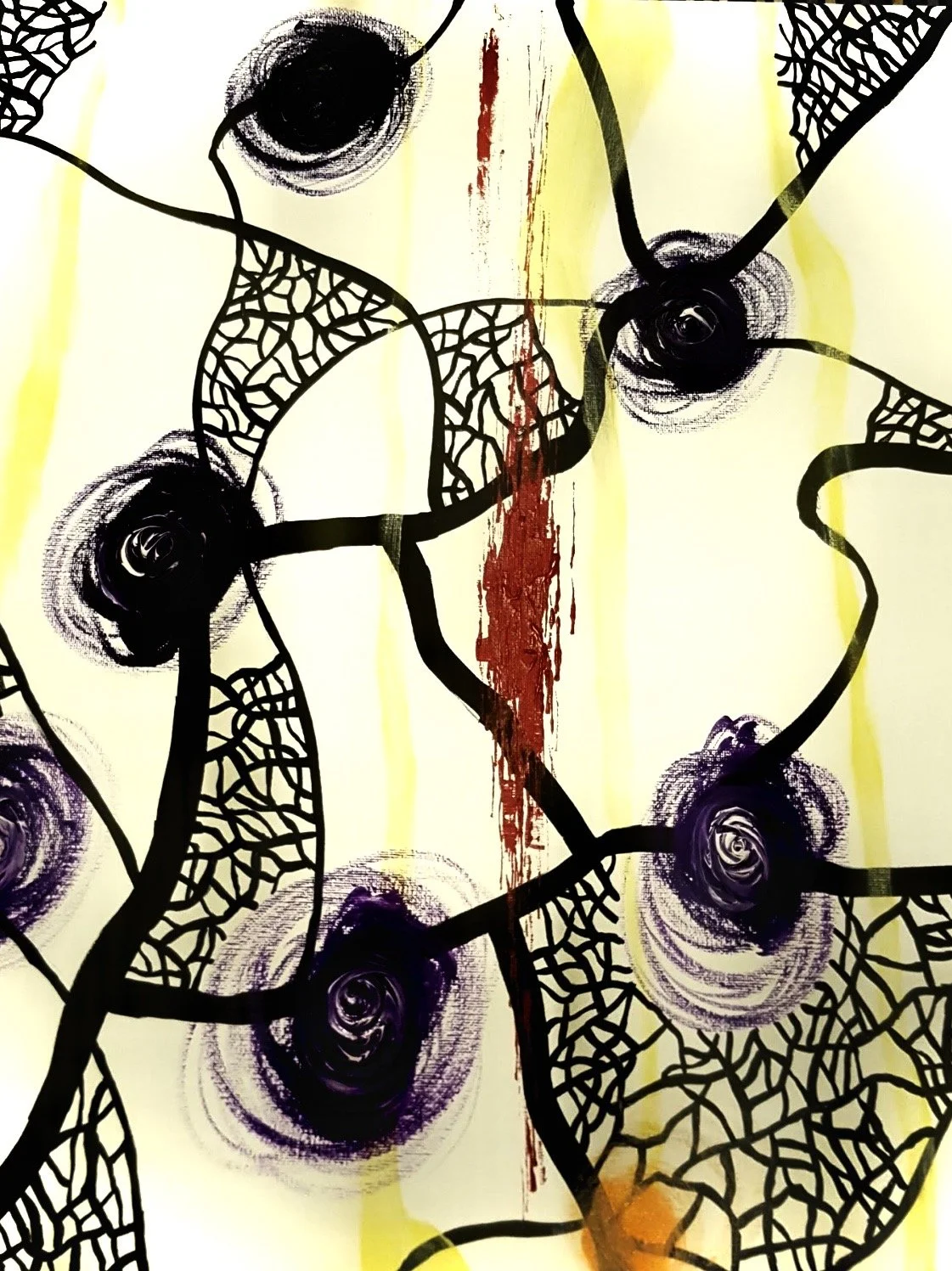 Abstract artwork featuring black intricate leaf-like patterns, circular swirl designs, and a vertical red streak on a light background with yellow accents.