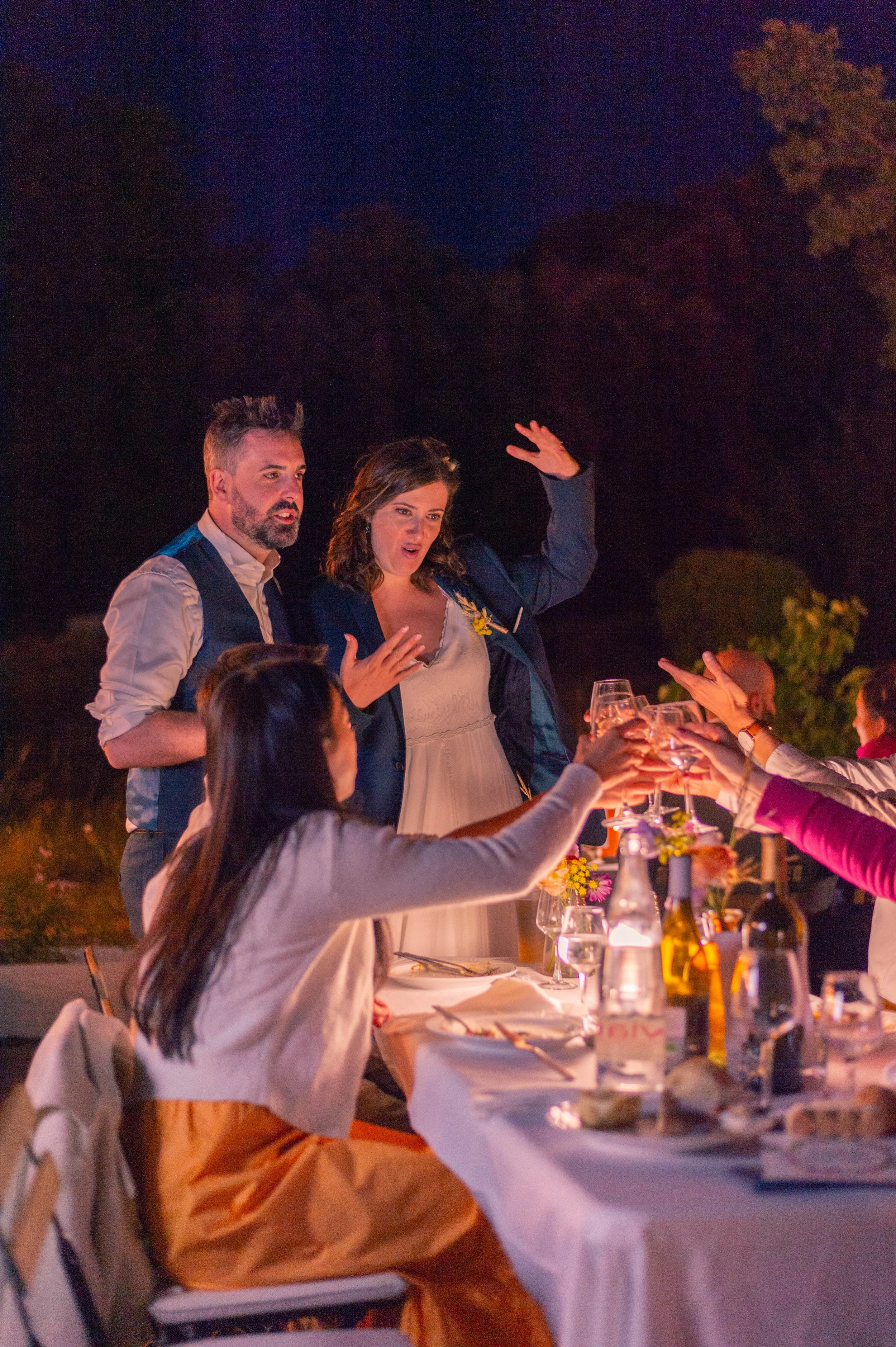 Groupe de personnes lors d'un dîner en plein air, levant des verres, à la nuit