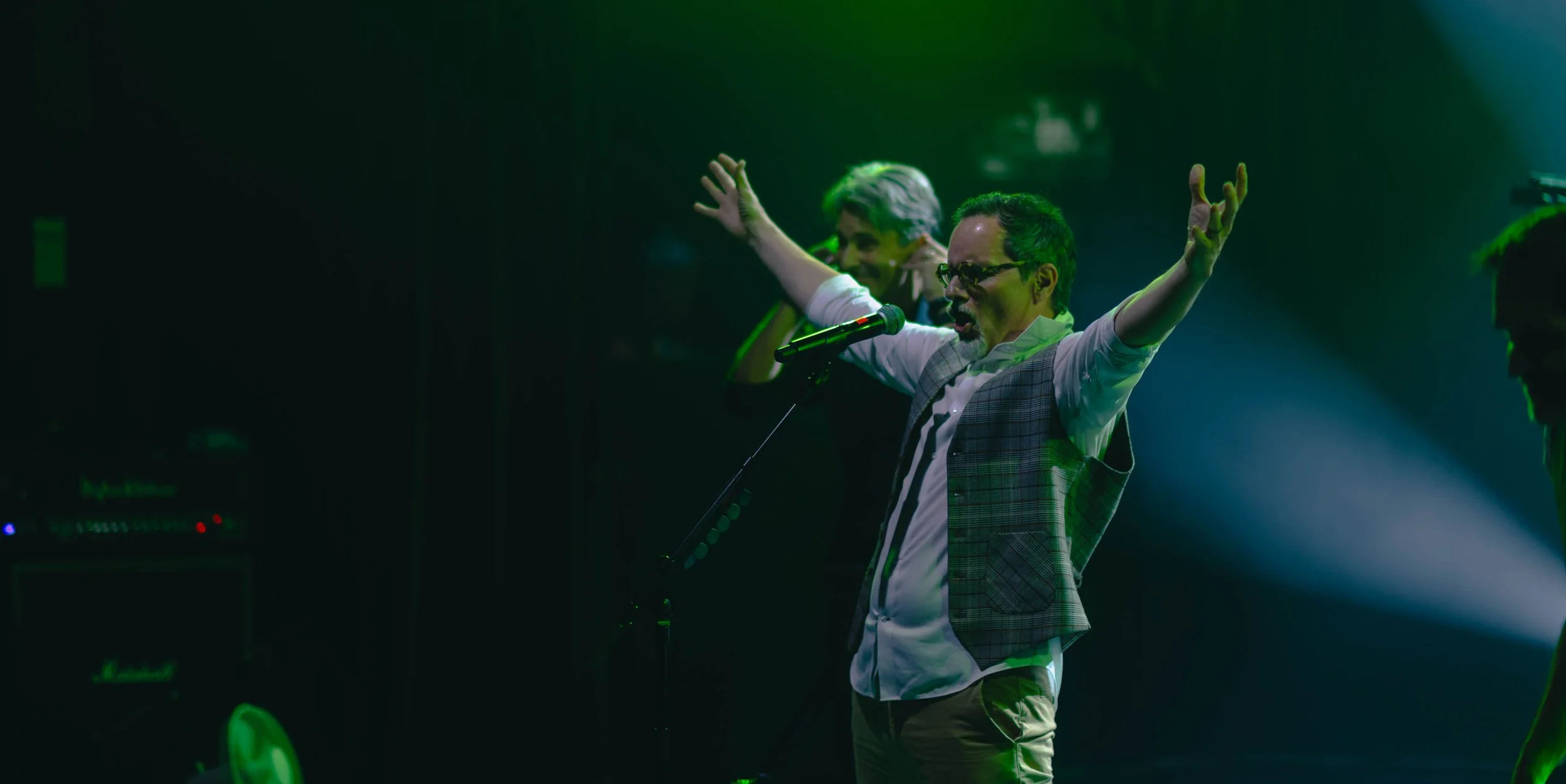 Un homme avec des lunettes, un pantalon beige, une veste à carreaux et une chemise blanche chante ou parle avec enthousiasme lors d'une performance, entouré d'équipements de scène sous un éclairage vert.