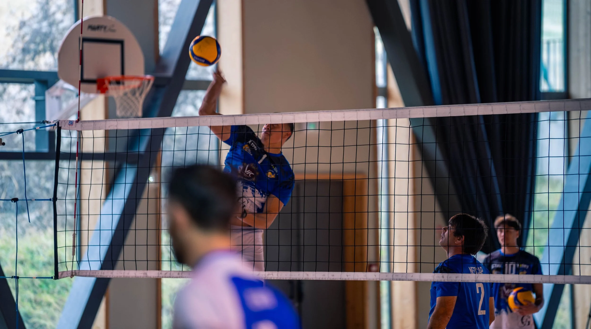 Joueur de volleyball en action lors d'un match en intérieur, sautant pour toucher le ballon au-dessus du filet, avec d'autres joueurs en arrière-plan.