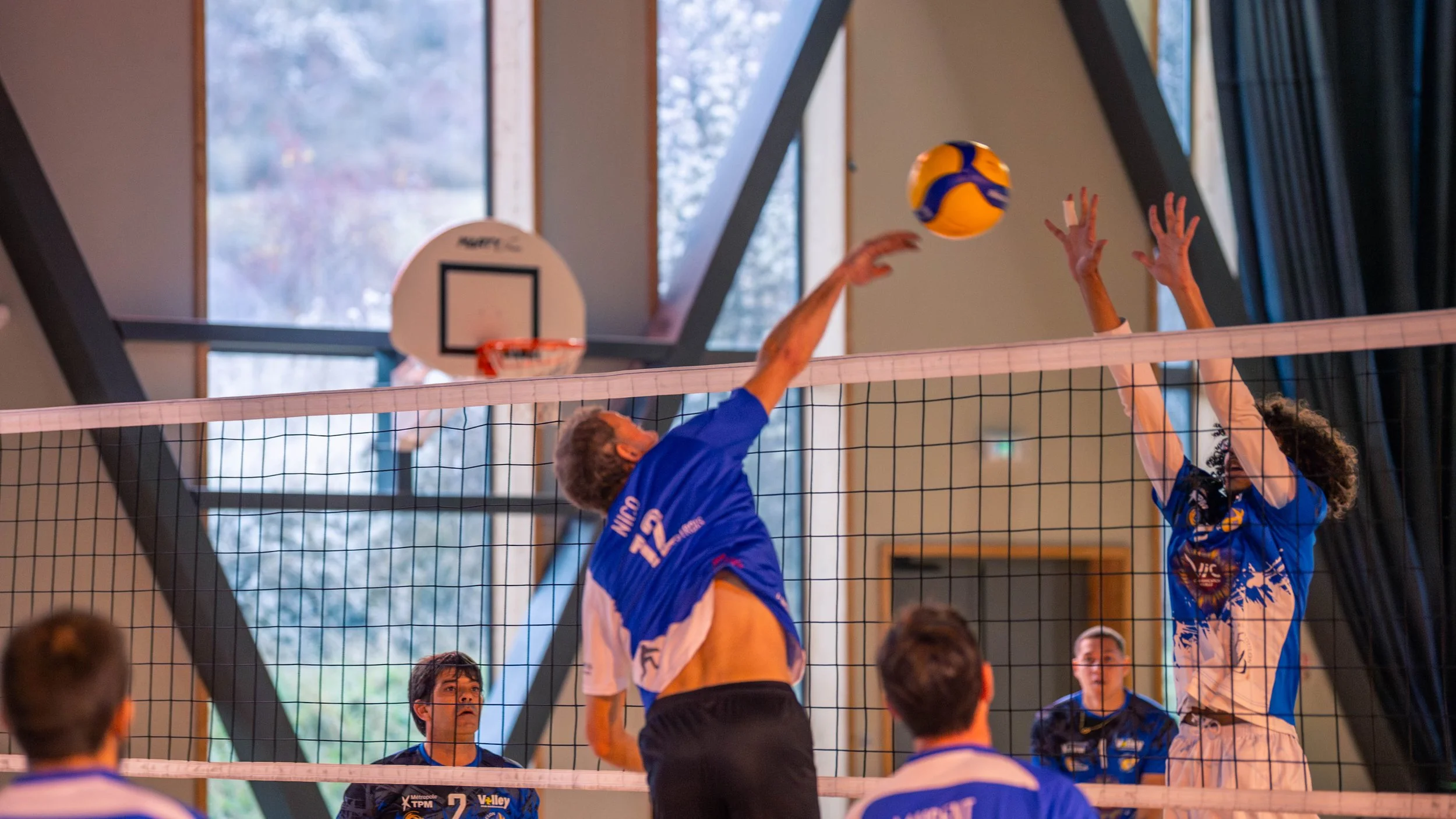 Une scène de volleyball en intérieur avec deux joueurs en train de sauter pour toucher le ballon au-dessus du filet, et un autre joueur en arrière-plan, dans un gymnase avec des fenêtres et un panier de basketball.