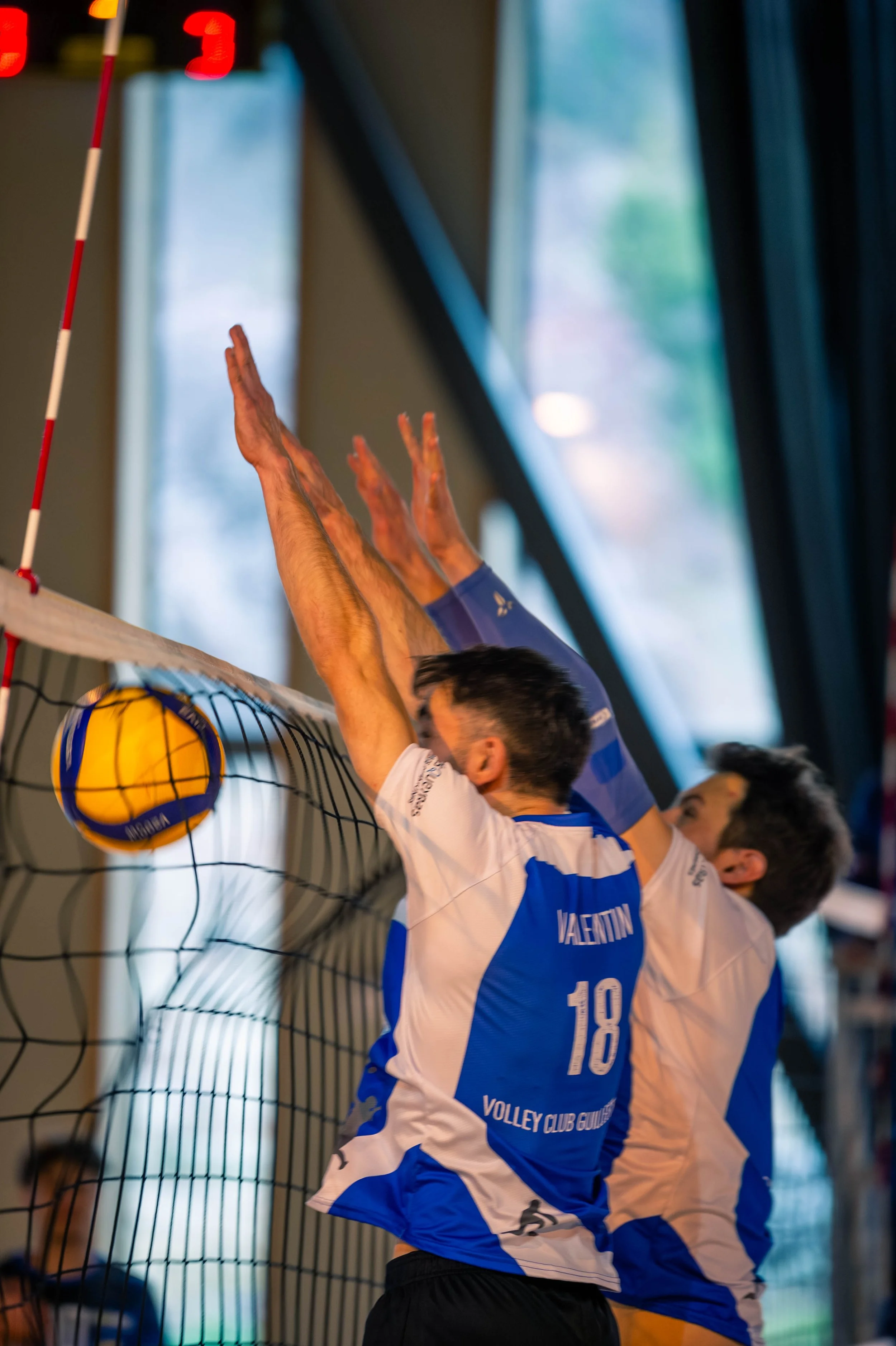 Deux joueurs de volley-ball en action, tentant de bloquer une balle jaune et bleue au filet, portant des maillots bleus et blancs, dans une salle de sport avec des fenêtres et un fond flou.