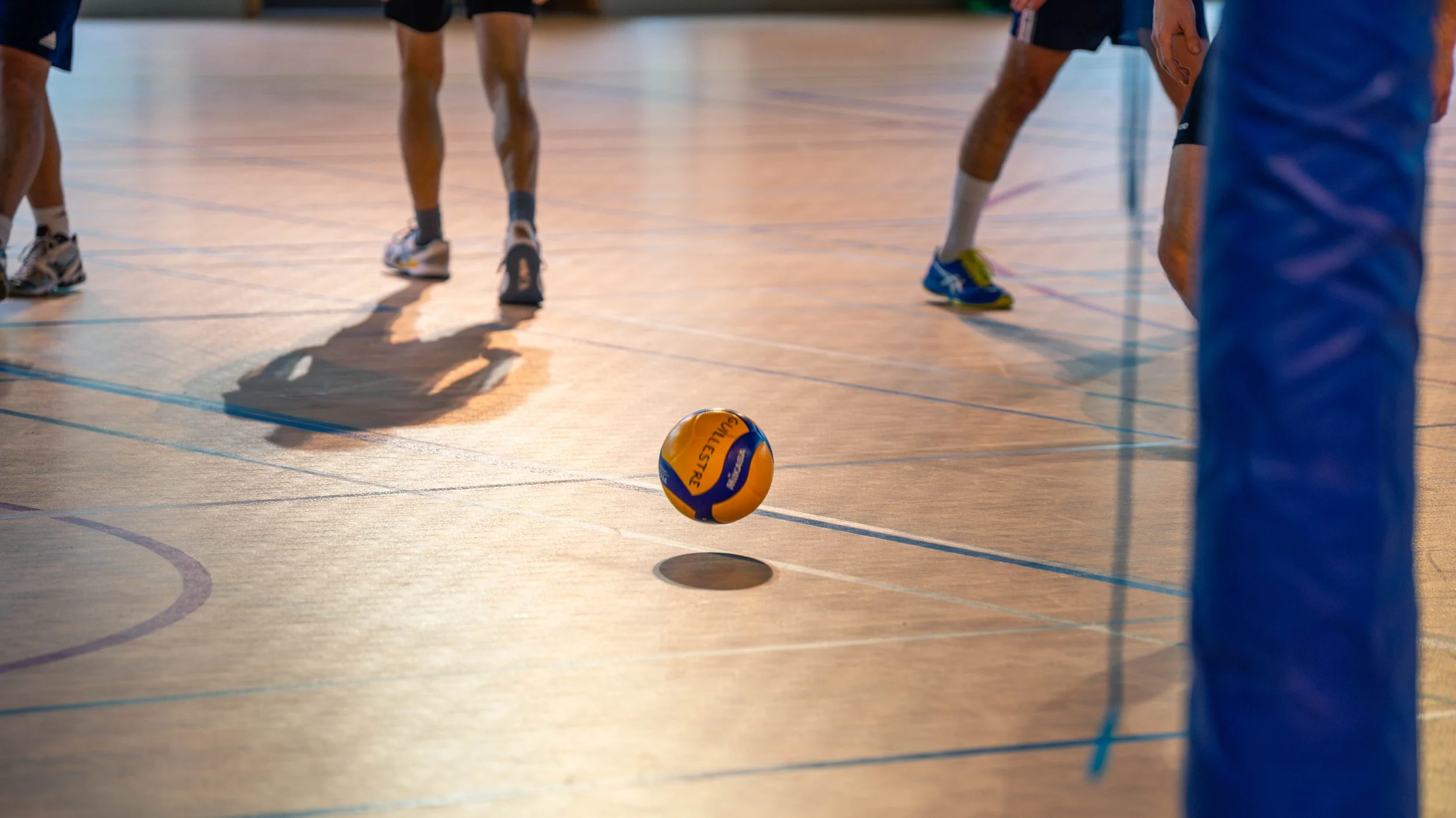 Vue d'un match de volley-ball en intérieur, montrant des joueurs en position de réception autour du ballon suspendu au-dessus du sol, avec un parquet en bois et des lignes de terrain visibles.