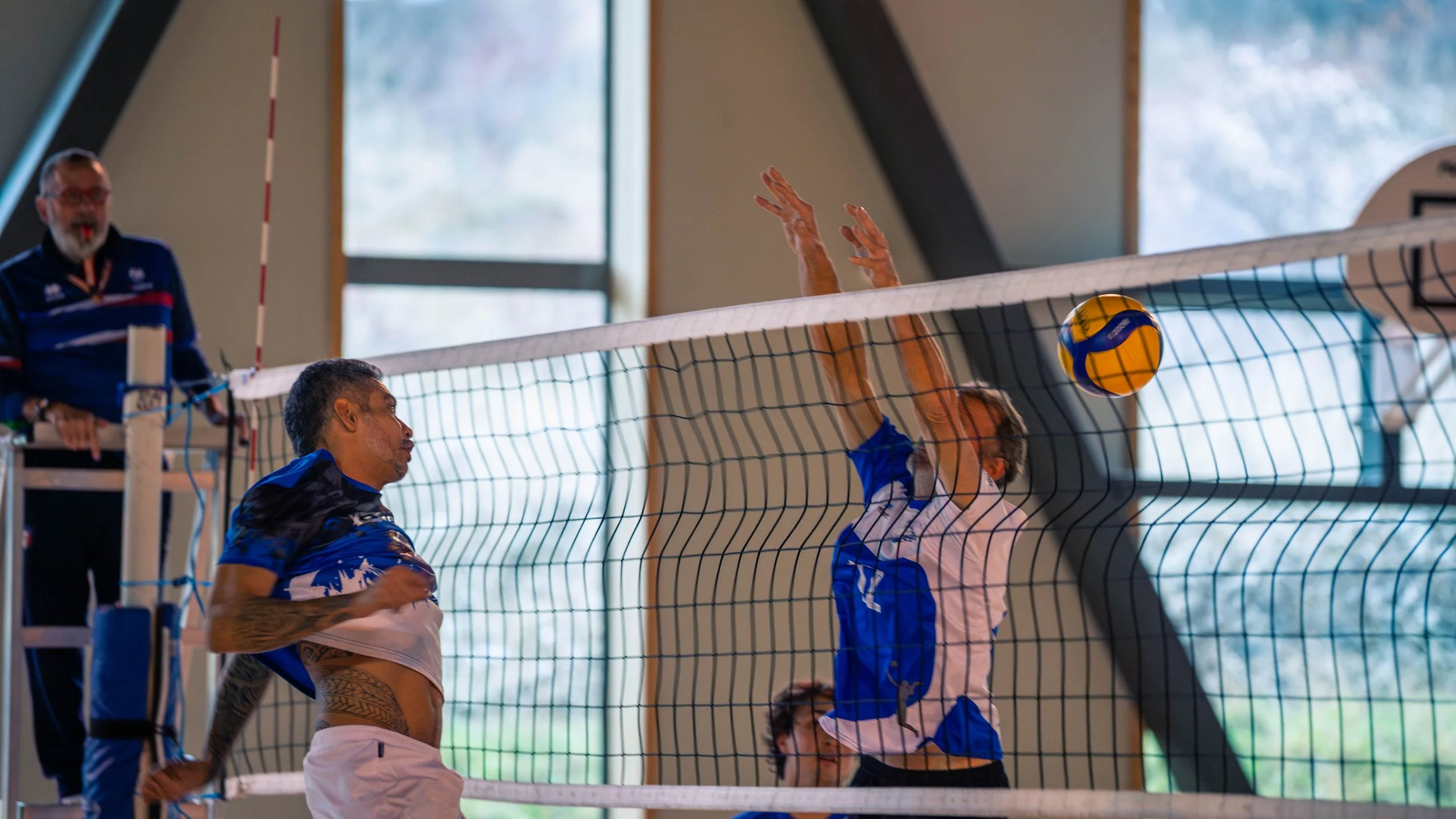 Deux joueurs de volleyball en action lors d'un match en intérieur, un attaquant en blanc et bleu tentant de bloquer le ballon, un réceptionneur en bleu et blanc prêt à recevoir.