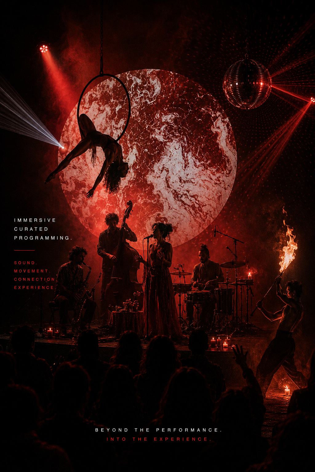 Immersive live music performance featuring aerial artists, musicians and fire performance within a curated atmospheric event setting