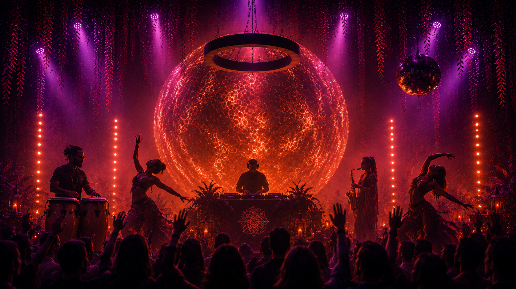 Immersive live music event with dancers, percussionists and DJ performance at Nomadica Project