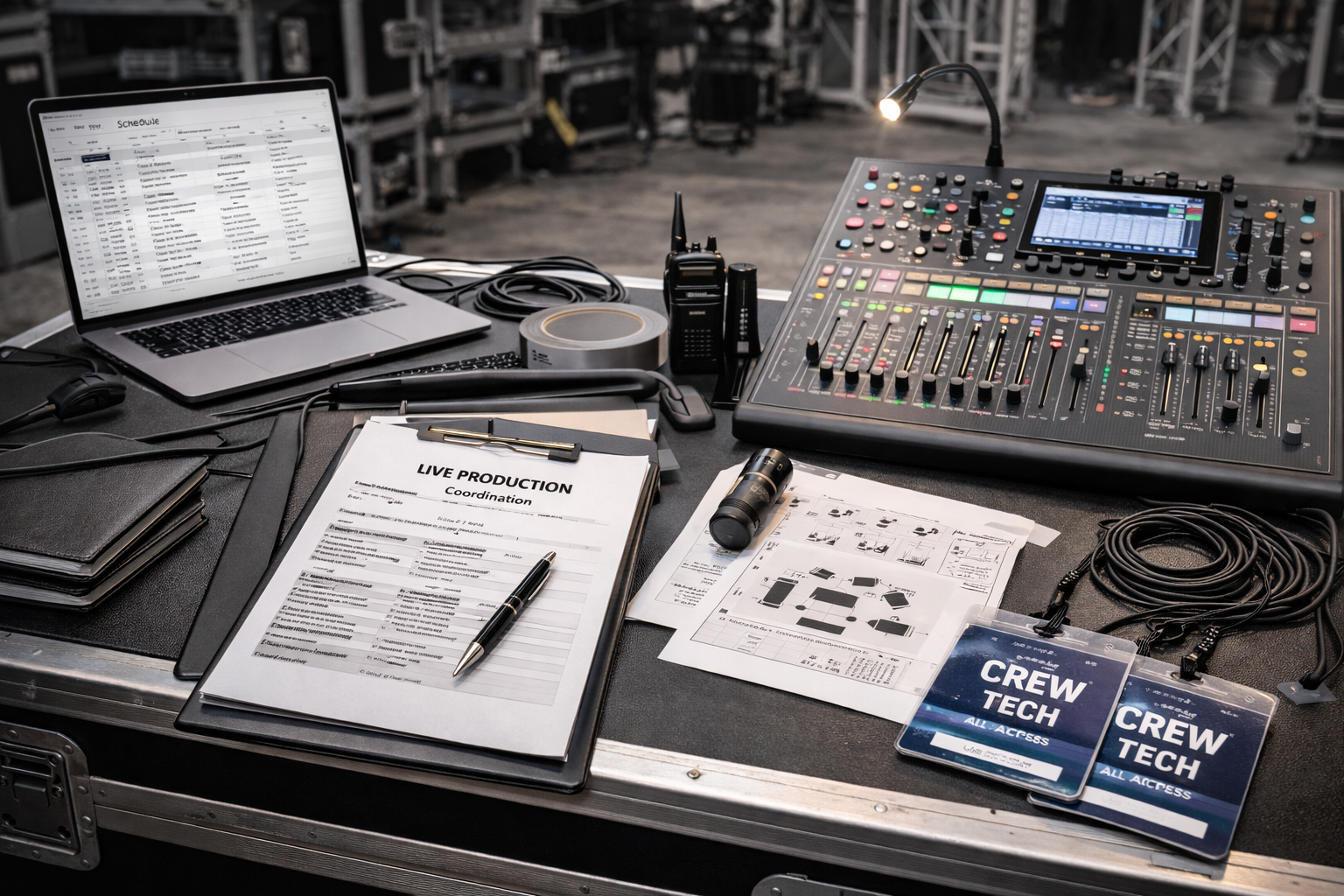 Live production coordination workspace with technical advancing documents, mixing console and backstage production equipment