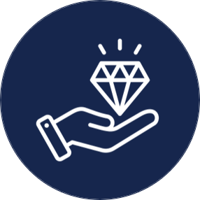 A white line drawing of a hand holding a diamond on a dark blue circular background.