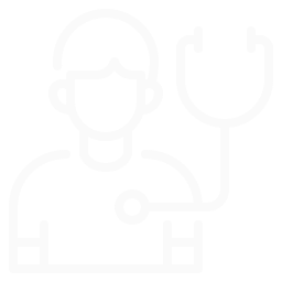 Outline of a healthcare professional wearing a stethoscope, with a headset and medical attire, on a black background.