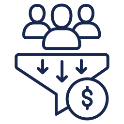 Icon of three people connected to a funnel with arrows pointing downward and a dollar sign, representing sales or lead management.