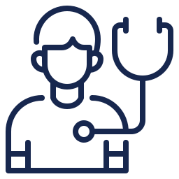 Line drawing of a medical professional with a stethoscope.
