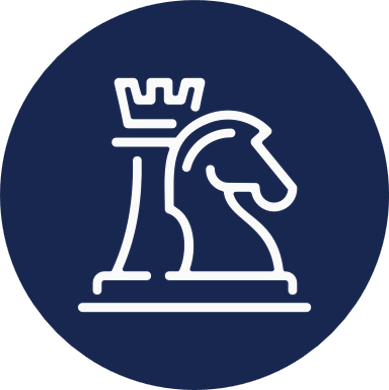 A white chess king and knight piece on a dark blue circular background.