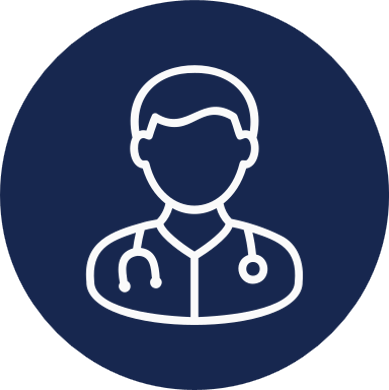 Icon of a doctor with a stethoscope on a dark blue background.