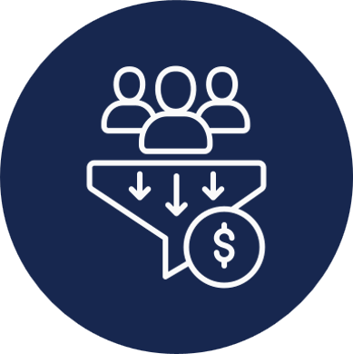 Icon of three people behind a funnel with arrows pointing downward into a dollar sign, symbolizing sales or revenue conversion.