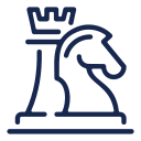 A dark blue outline of a chess rook piece with a crown on top and a knight's head, symbolizing chess.