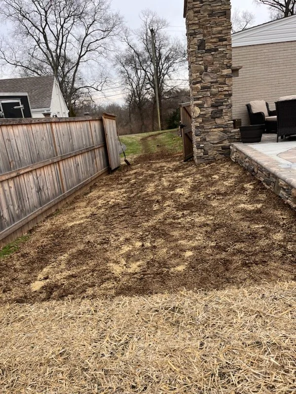 A backyard with a dirt patch, a wooden fence on the left, a house with a stone chimney and patio furniture on the right, and a grassy area and trees in the background.