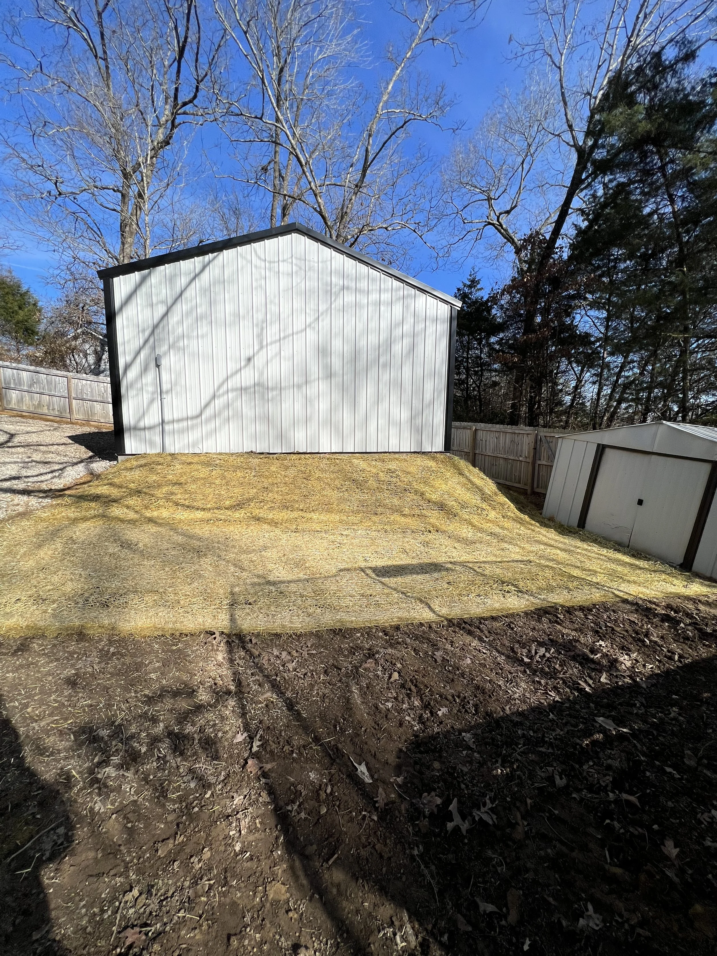 Backyard with a small grassy slope, a white shed, and a wooden fence, with leafless trees in the background and a bright blue sky.
