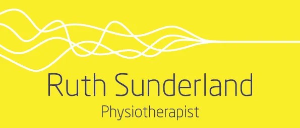 Business card for Ruth Sunderland, Physiotherapist, with a yellow background and white abstract lines.