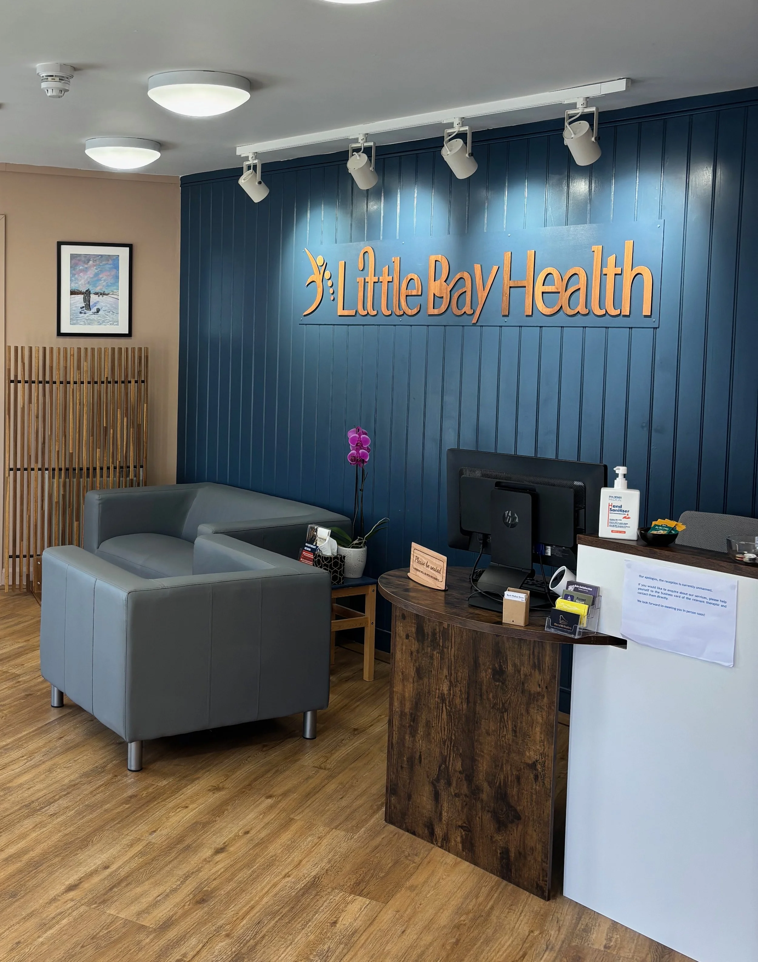Reception area at Little Bay Health with a blue accent wall, a wooden desk, a computer, a hand sanitizer dispenser, a plant with purple flowers, and a gray couch.