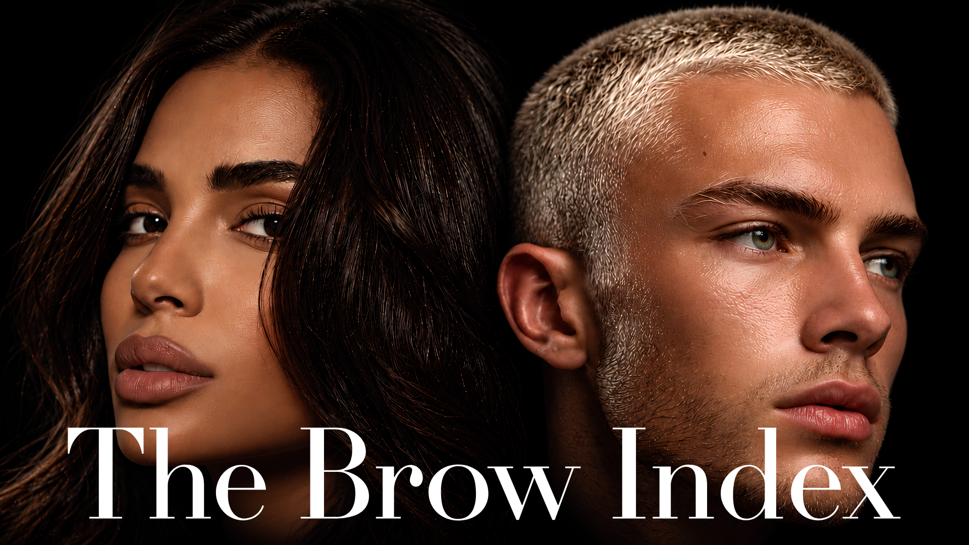Close-up of a woman with long dark hair and a man with short platinum blonde hair, both featuring prominent eyebrows, against a black background.