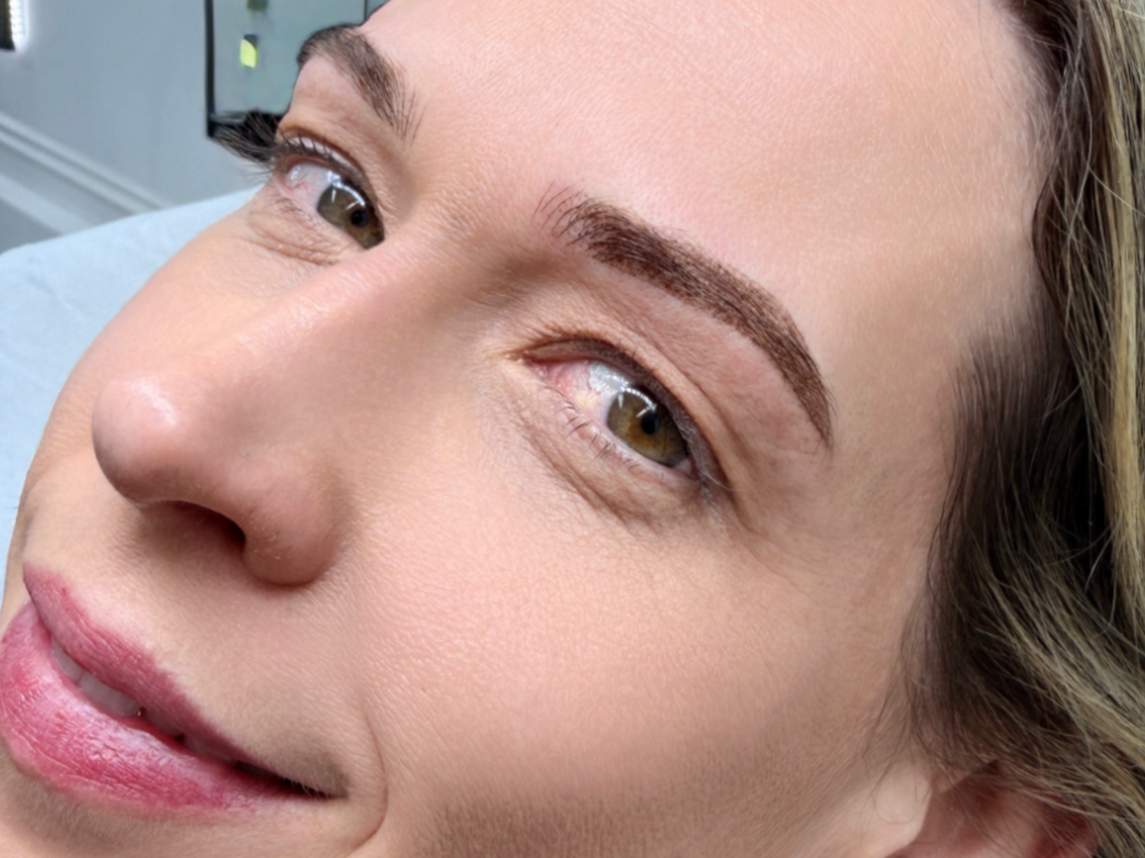 Close-up of combination brows with hair strokes and soft shading at Sanct Noir Studio Leeds