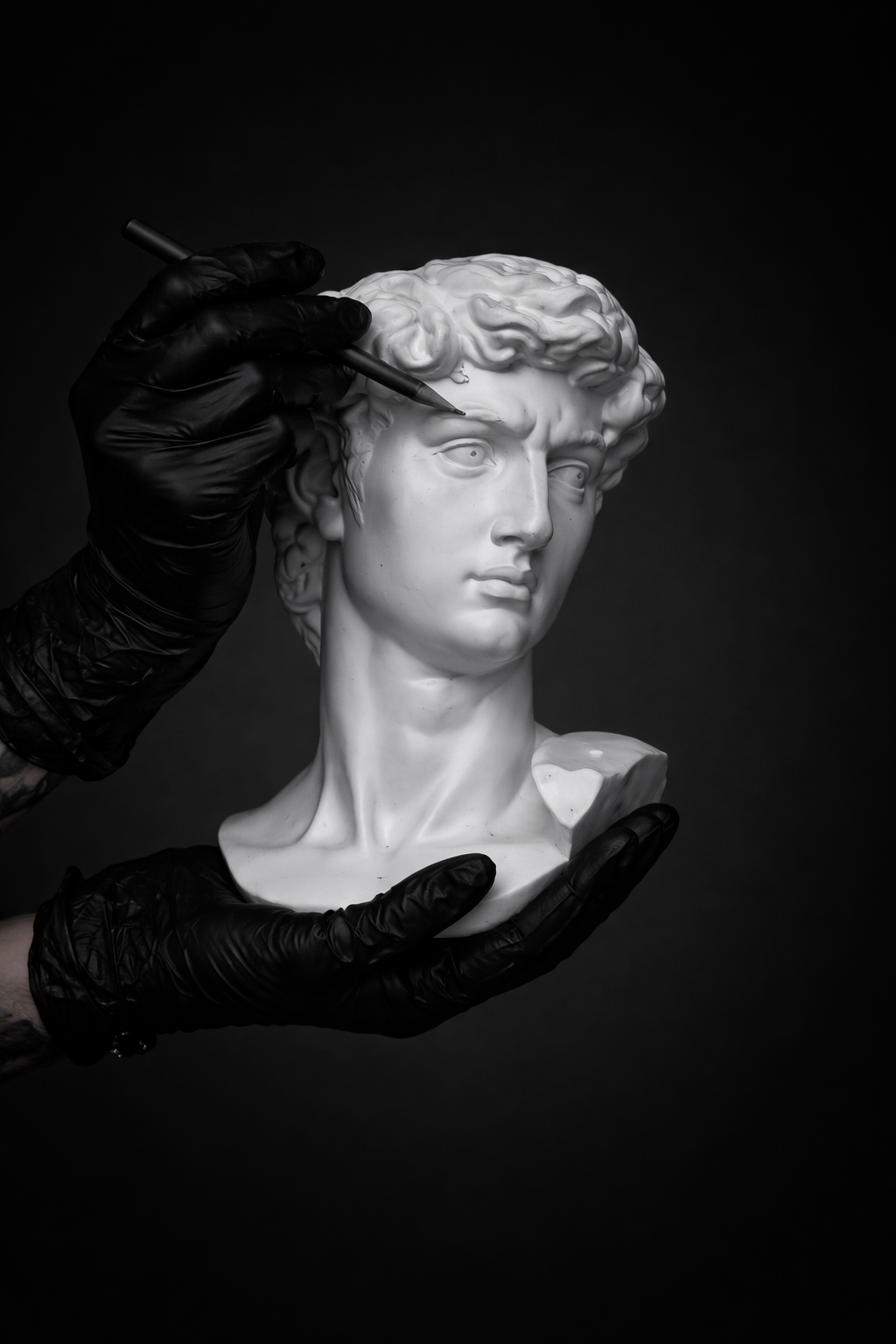 Black gloved hands holding a classical marble bust while marking the eyebrow