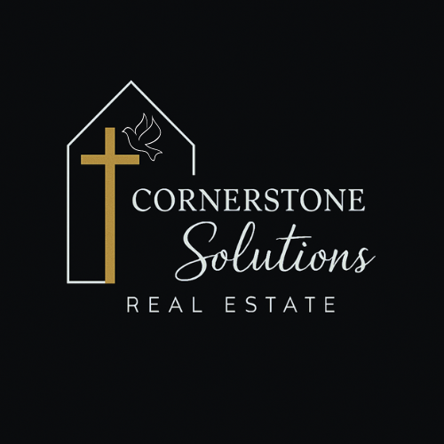 Logo for Cornerstone Solutions Real Estate featuring a gold cross, a white dove, and text on a black background.
