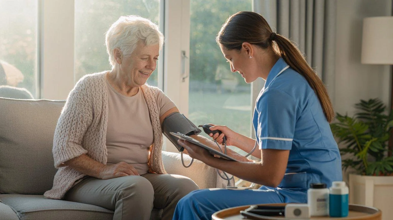 A healthcare worker taking an elderly woman's blood pressure at home, with a monitor on her arm, sitting on a couch.