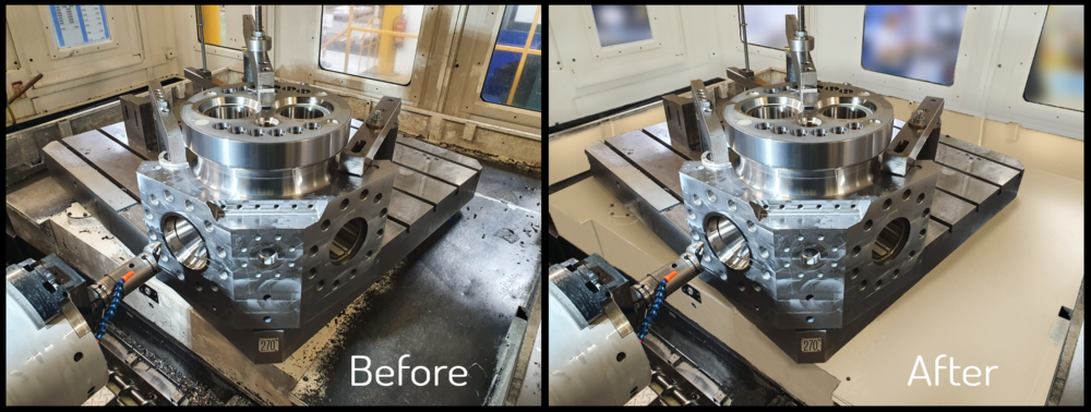 Photo of a metal engineering component before and after photo re-touching and clean up process.