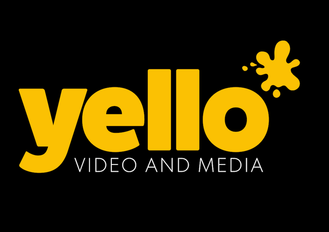 Logo for Yello Video and Media with yellow text and splash graphic on black background.