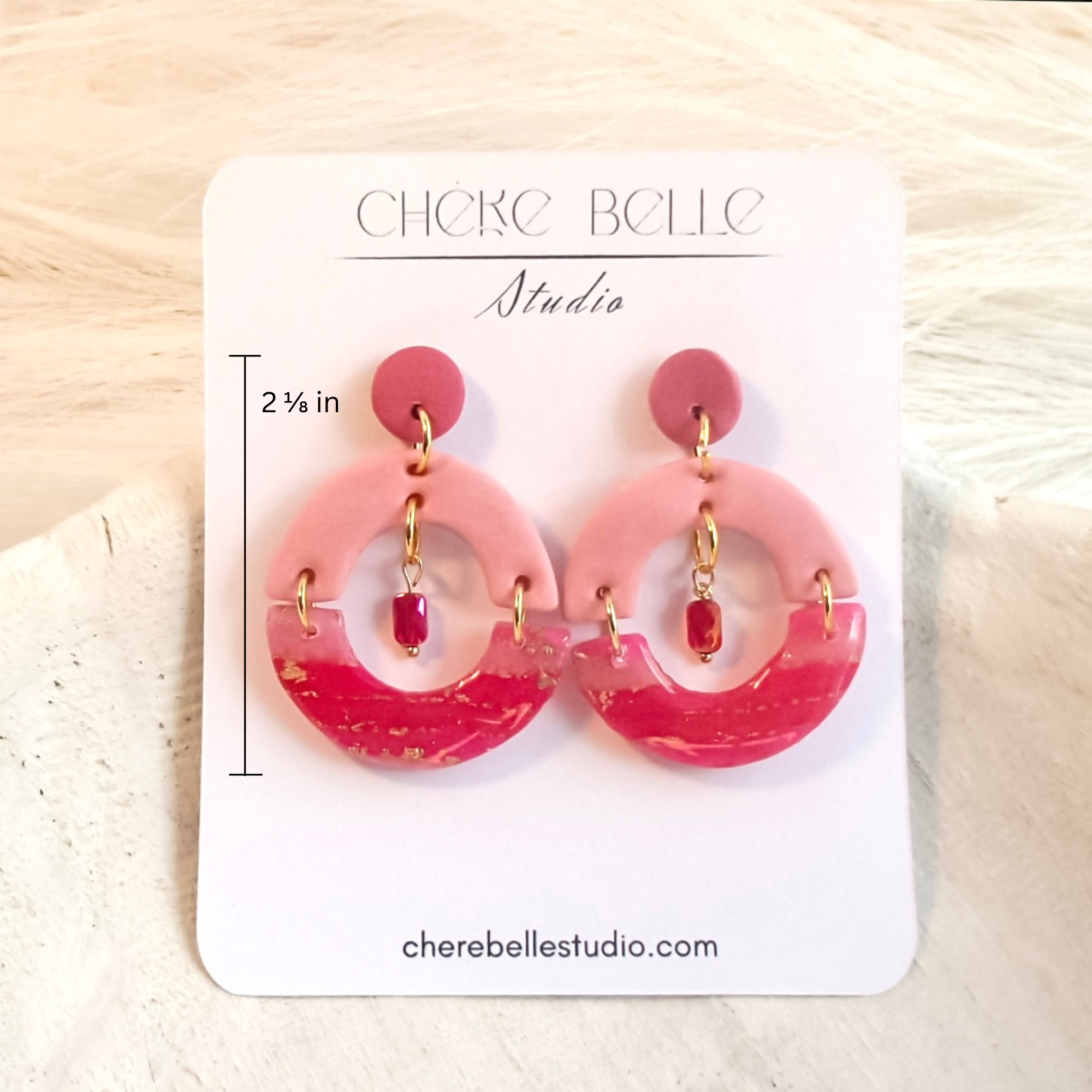 Pink Circle Dangle Earrings | Gold Accents, Red Drop