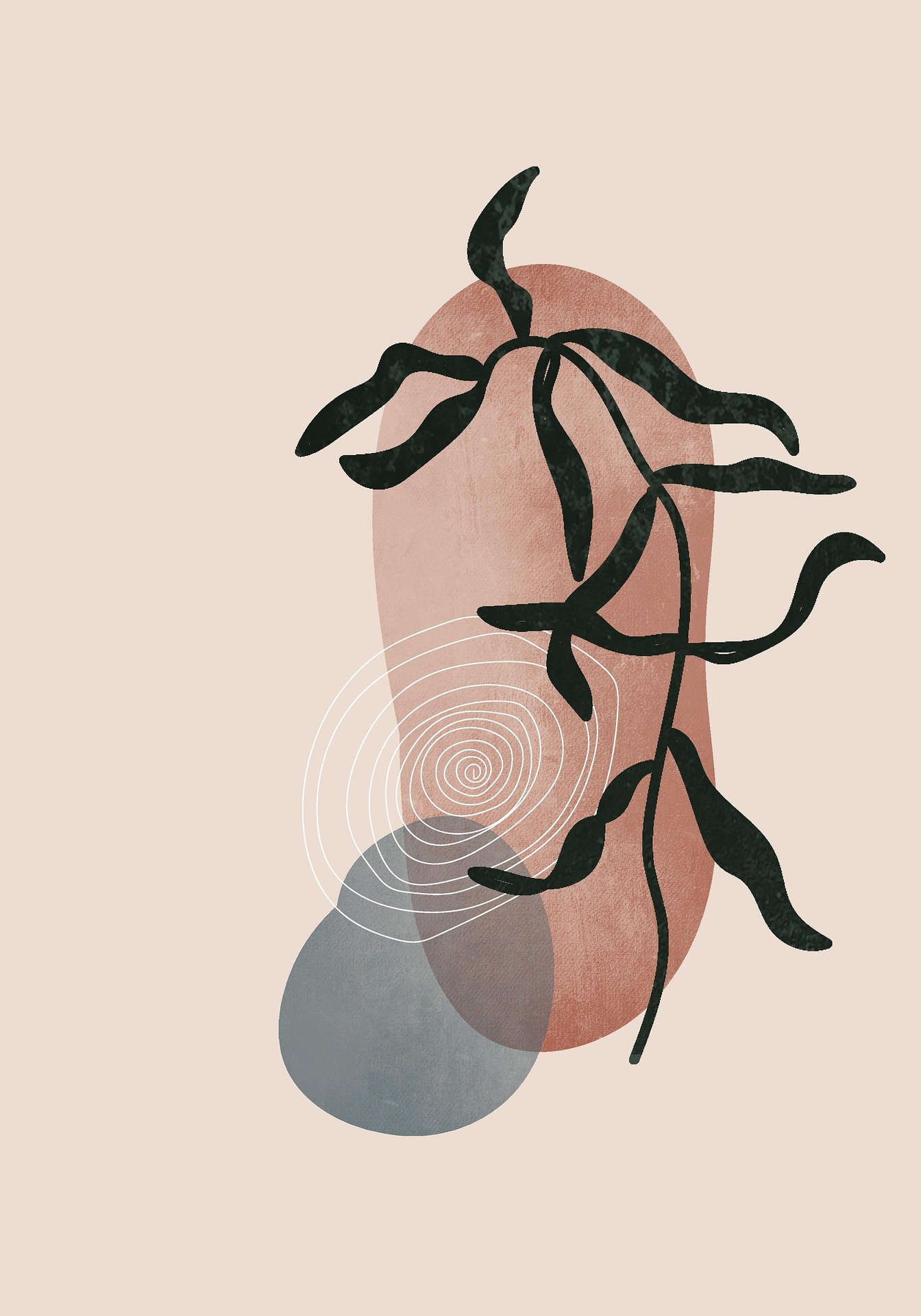 Minimalist abstract digital illustration of a plant with black leaves, overlapping circles, and a spiral pattern on a beige background.