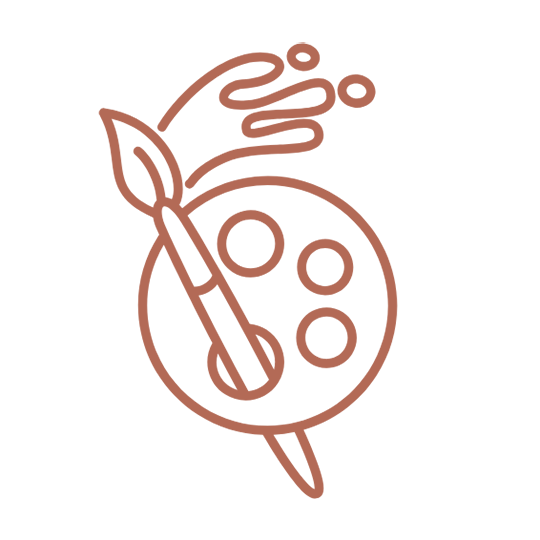 A stylized icon of an artist's palette with a paintbrush and paint splotches.