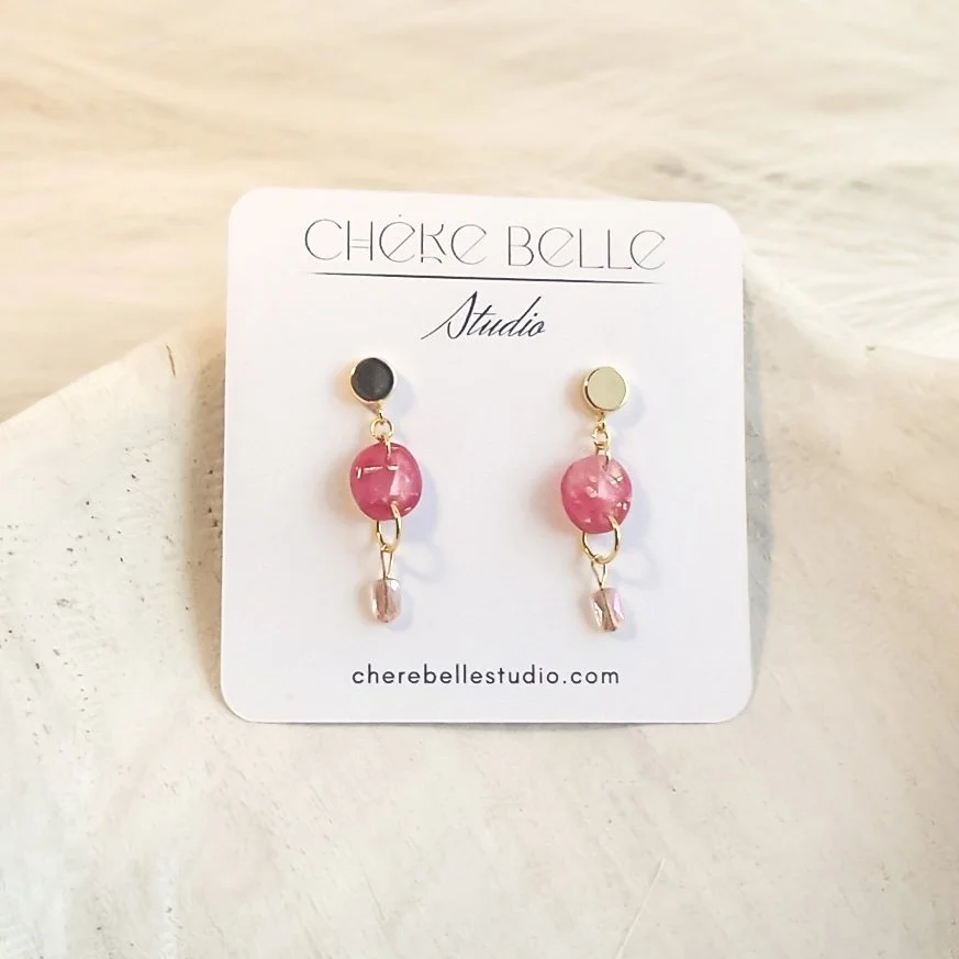 Pink Dangle Earrings – Gold-Tone Circle & Crystal Teardrop