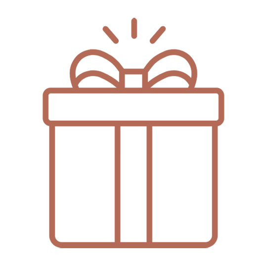 Line drawing of a gift box with a ribbon and bow on top.