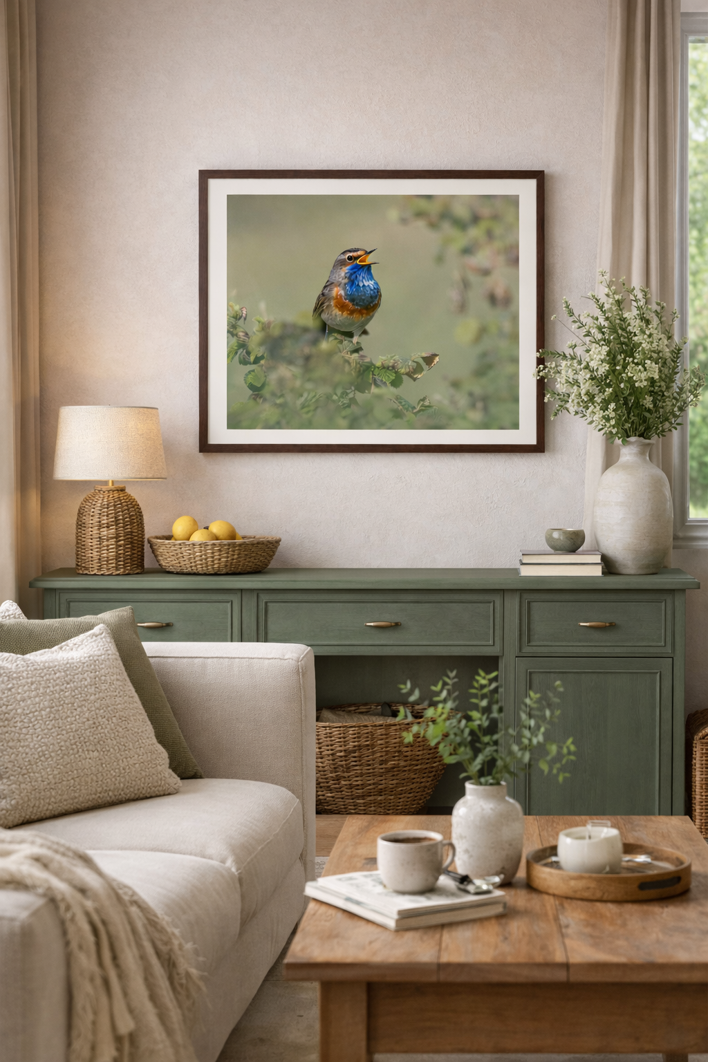 Un tableau représentant un oiseau chantant, suspendu dans un salon avec un canapé beige, un meuble vert, une table en bois, et des décorations florales.