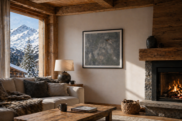 Salon confortable avec cheminée en pierre, canapé, table en bois, lampe et vue sur montagnes enneigées par la fenêtre
